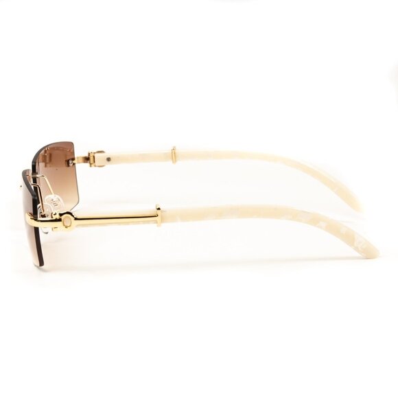 Retro Gold Frame Brown Tint Rimless Buffs White Woodgrain Arm Sunglasses - Picture 7 of 7